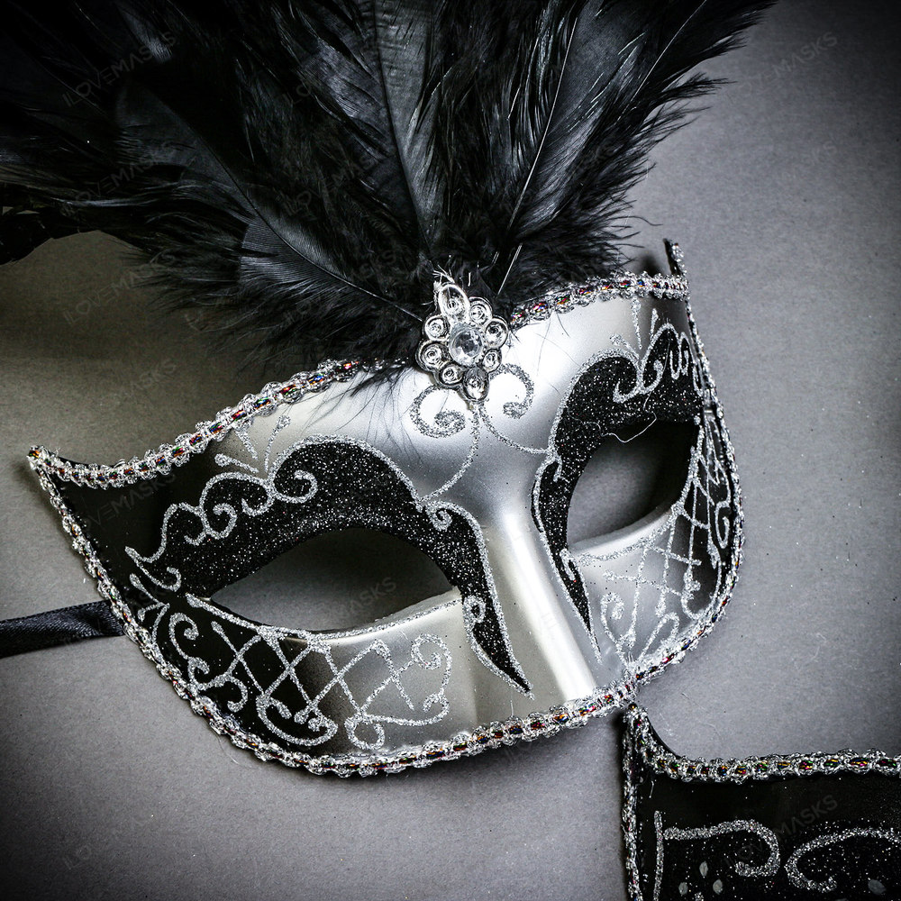 Silver Black Side Feather Glitter & Silver Black Mardi Gras Top Feather Masks